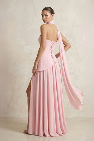 Strapless Maxi Dress With Scarf in Pink - SHE IS ME Prom Dresses