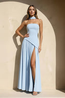 Strapless Maxi Dress With Scarf in Sky Blue - SHE IS ME