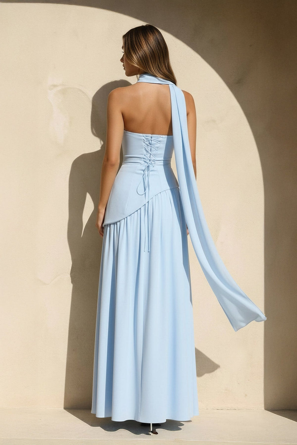 Strapless Maxi Dress With Scarf in Sky Blue - SHE IS ME PROM DRESSES