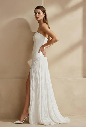 Strapless Maxi Dress With Slit in White - SHE IS ME PROM DRESSES