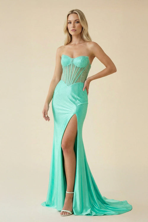 Strapless Mermaid Beaded Maxi Dress With Slit in Aqua - SHE IS ME PROM DRESSES