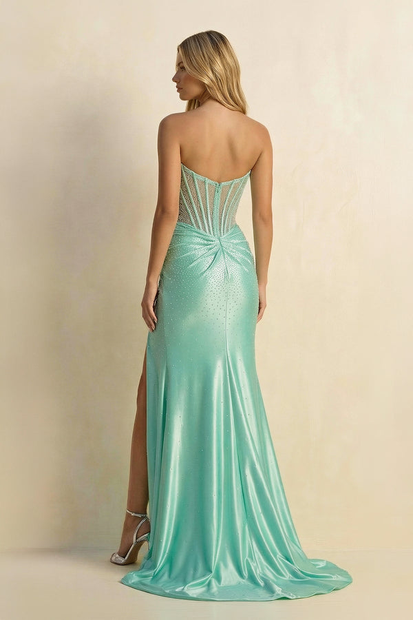 Strapless Mermaid Beaded Maxi Dress With Slit in Aqua - SHE IS ME PROM DRESSES