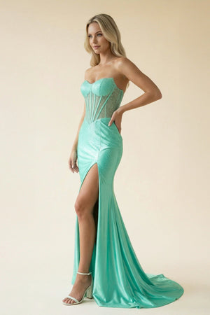 Strapless Mermaid Beaded Maxi Dress With Slit in Aqua - SHE IS ME PROM DRESSES