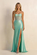 Strapless Mermaid Beaded Maxi Dress With Slit in Aqua - SHE IS ME PROM DRESSES