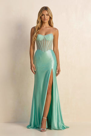Strapless Mermaid Beaded Maxi Dress With Slit in Aqua - SHE IS ME PROM DRESSES