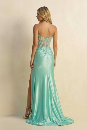 Strapless Mermaid Beaded Maxi Dress With Slit in Aqua - SHE IS ME PROM DRESSES