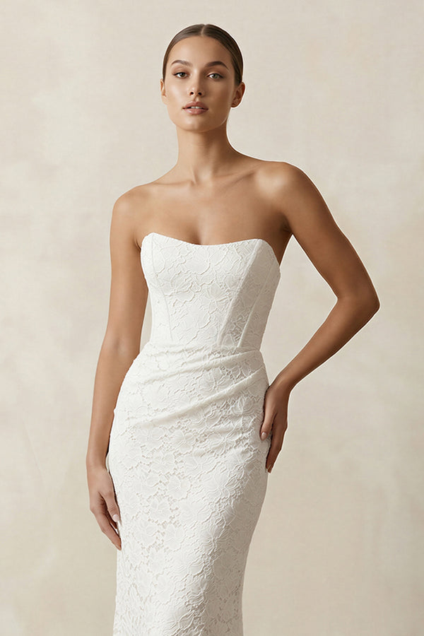 Strapless Mermaid Lace Wedding Dress with Corset in White - SHE IS ME Wedding Dresses