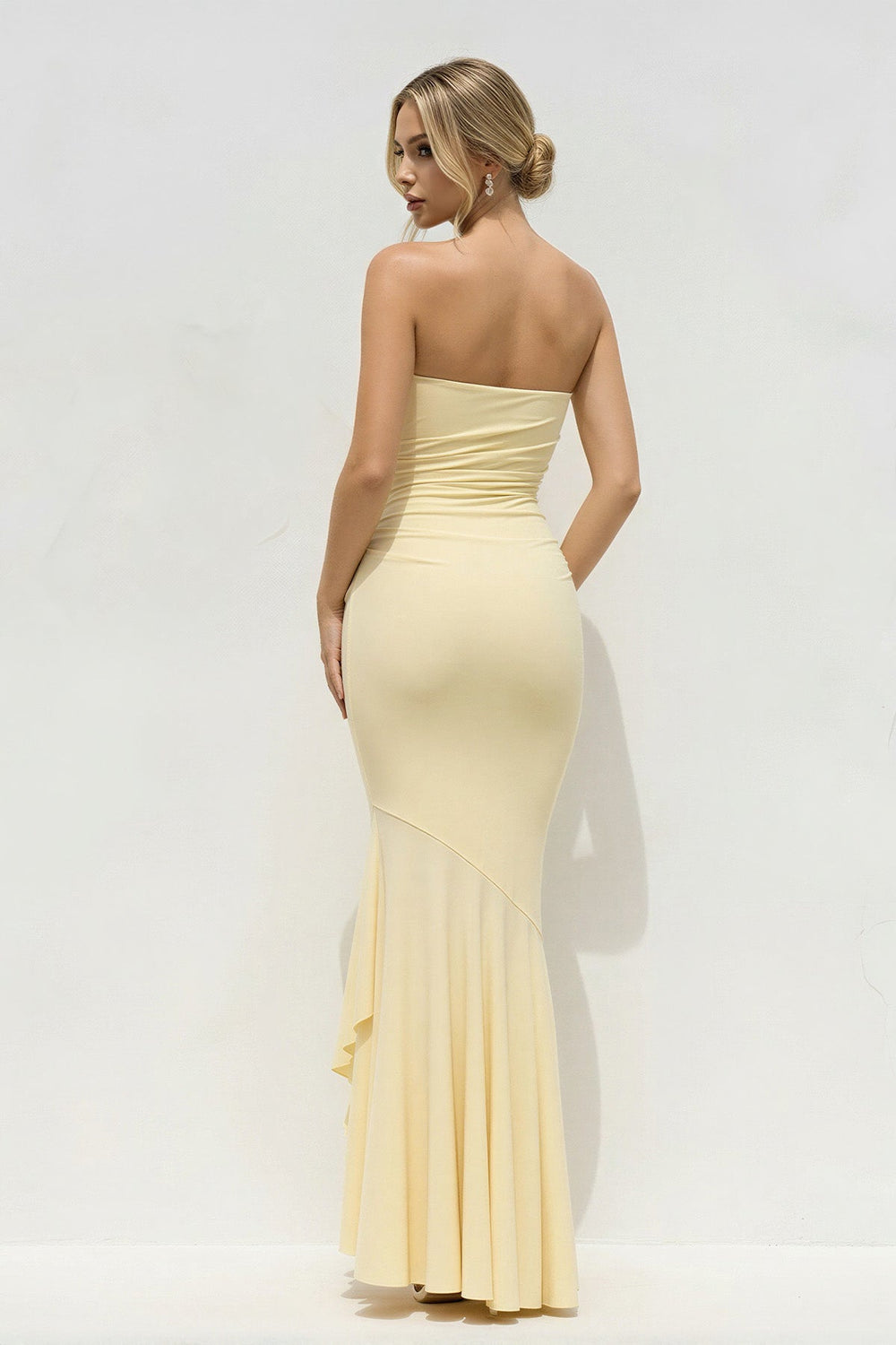 Strapless Mermaid Maxi Dress With Ruffles in Yellow - SHE IS ME PROM DRESSES