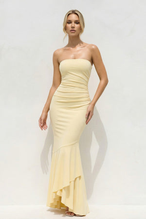 Strapless Mermaid Maxi Dress With Ruffles in Yellow - SHE IS ME PROM DRESSES