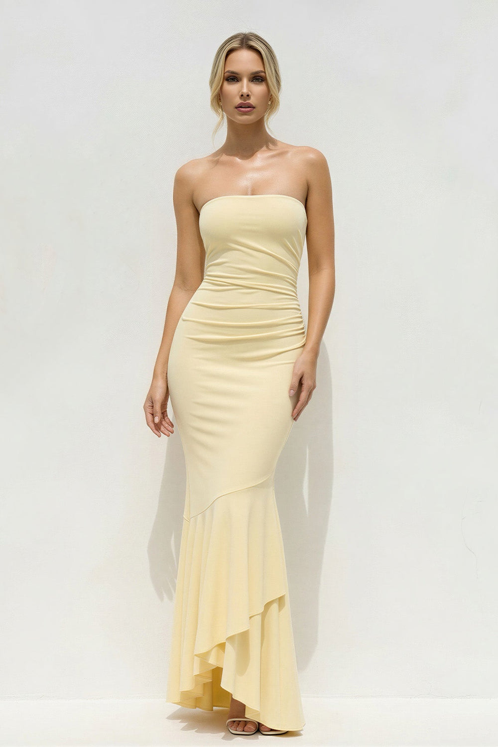 Strapless Mermaid Maxi Dress With Ruffles in Yellow - SHE IS ME PROM DRESSES