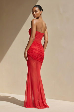 Strapless Mermaid Pleated Maxi Dress in Red - SHE IS ME PROM DRESSES