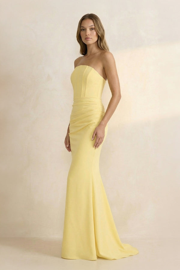 Strapless Mermaid Pleated Maxi Dress in Yellow - SHE IS ME PROM DRESSES