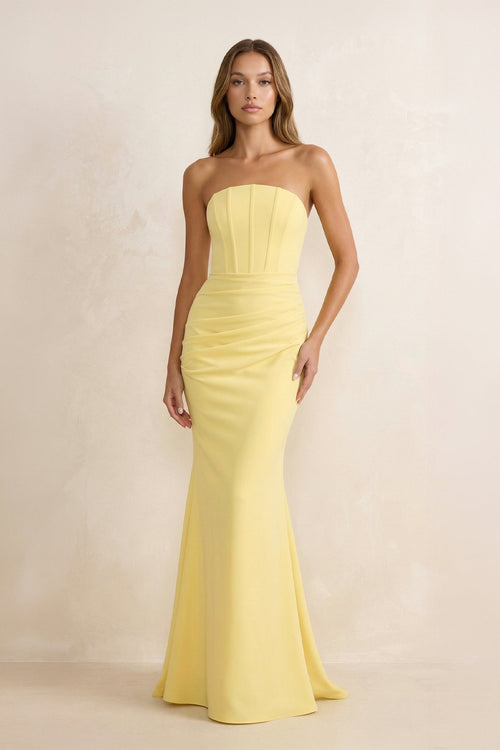 Strapless Mermaid Pleated Maxi Dress in Yellow - SHE IS ME PROM DRESSES
