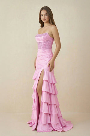 Strapless Mermaid Ruffled Maxi Dress With Slit in Pink - SHE IS ME PROM DRESSES