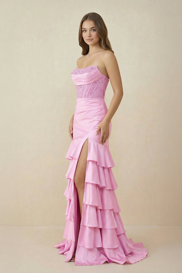 Strapless Mermaid Ruffled Maxi Dress With Slit in Pink - SHE IS ME PROM DRESSES