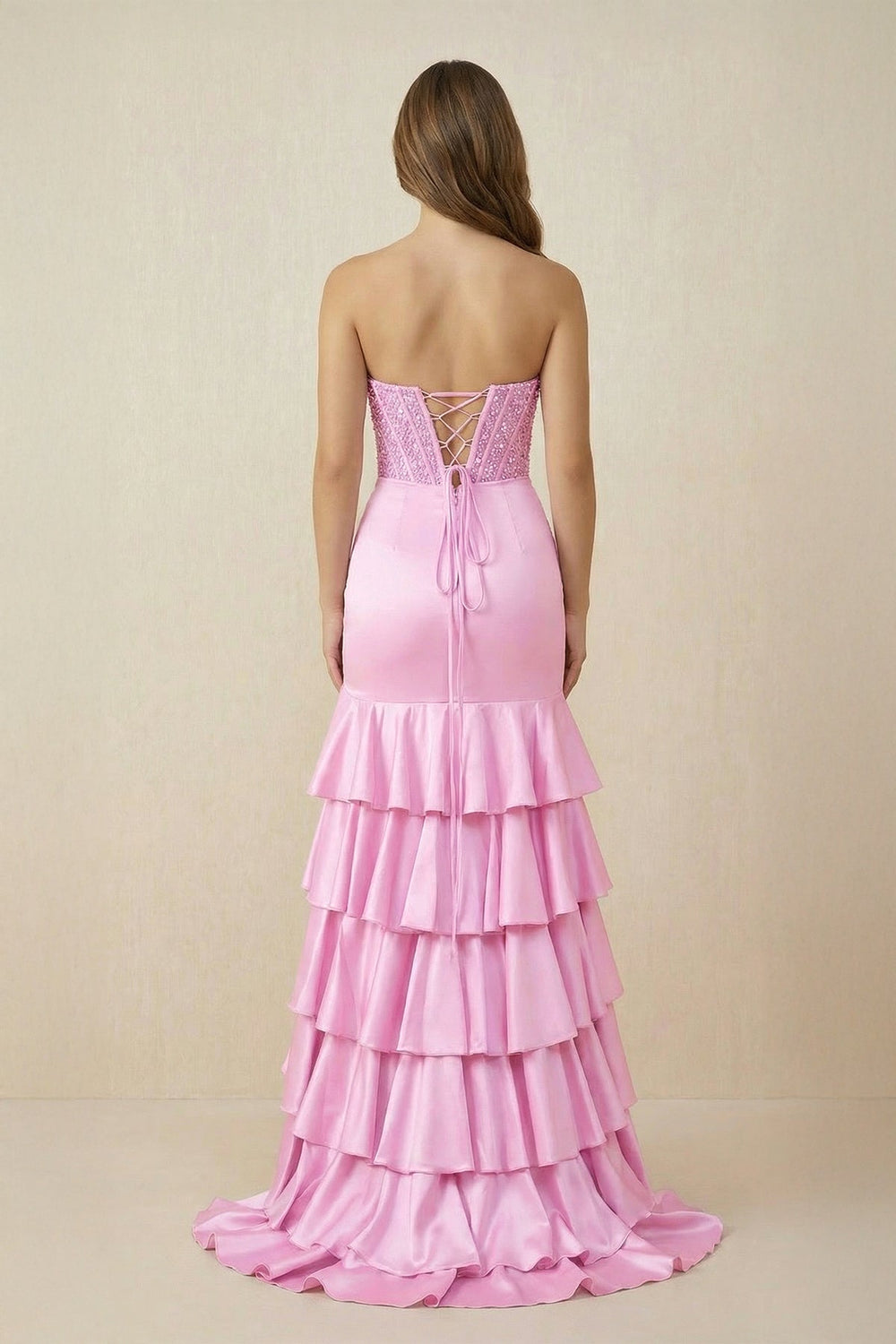 Strapless Mermaid Ruffled Maxi Dress With Slit in Pink - SHE IS ME PROM DRESSES