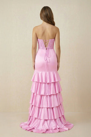 Strapless Mermaid Ruffled Maxi Dress With Slit in Pink - SHE IS ME PROM DRESSES