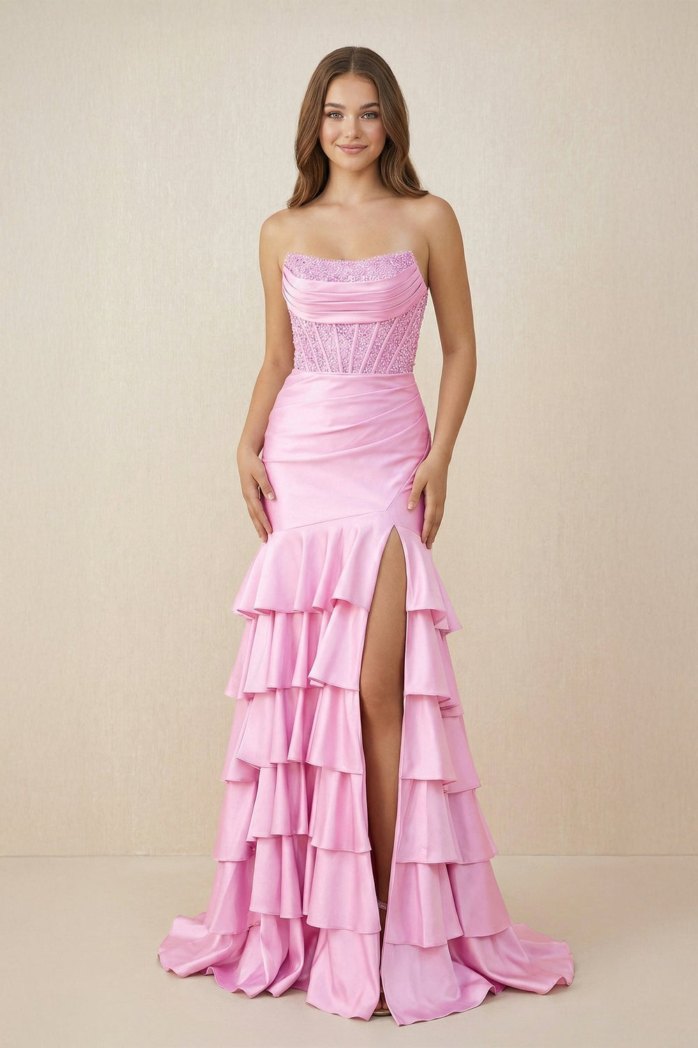 Strapless Mermaid Ruffled Maxi Dress With Slit in Pink - SHE IS ME PROM DRESSES