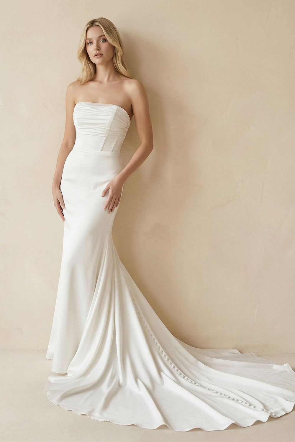 Strapless Mermaid Satin Maxi Wedding Dress in White - SHE IS ME Wedding Dresses