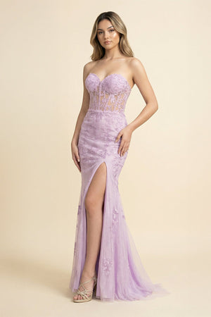 Strapless Mermaid Tulle Maxi Dress With Slit in Lilac - SHE IS ME PROM DRESSES