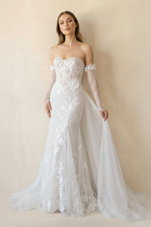 Strapless Mermaid Tulle Wedding Dress With Floral in Ivory - SHE IS ME Wedding Dresses