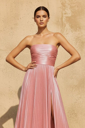 Strapless Metallic Pleated Maxi Dress in Pink - SHE IS ME