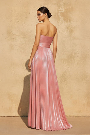 Strapless Metallic Pleated Maxi Dress in Pink - SHE IS ME