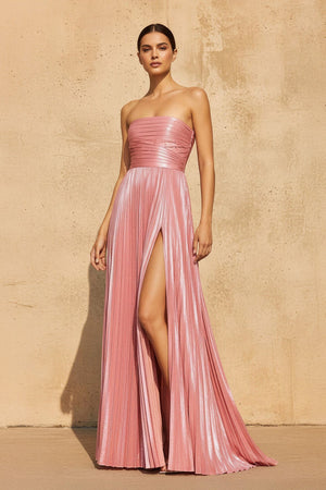 Strapless Metallic Pleated Maxi Dress in Pink - SHE IS ME