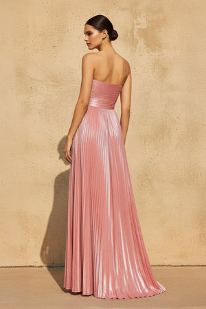 Sheisme-Pink Metallic Strapless Pleated A-Line Maxi Evening Formal Dress
