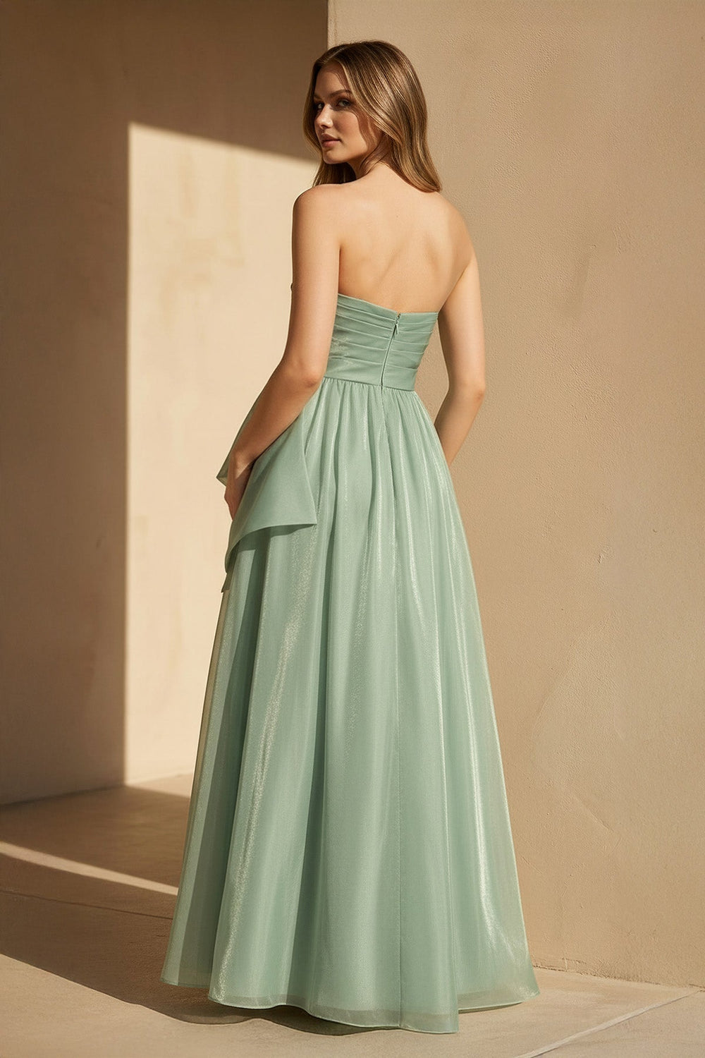 Strapless Organza Gown With Bow in Pale Pistachio - SHE IS ME