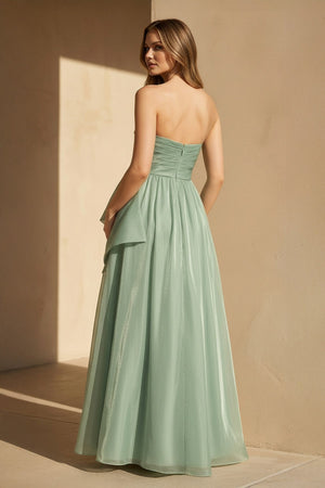 Strapless Organza Gown With Bow in Pale Pistachio - SHE IS ME