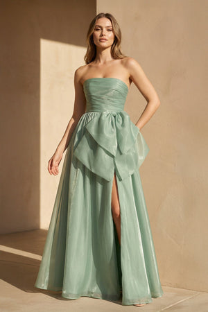 Strapless Organza Gown With Bow in Pale Pistachio - SHE IS ME