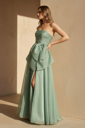 Strapless Organza Gown With Bow in Pale Pistachio - SHE IS ME