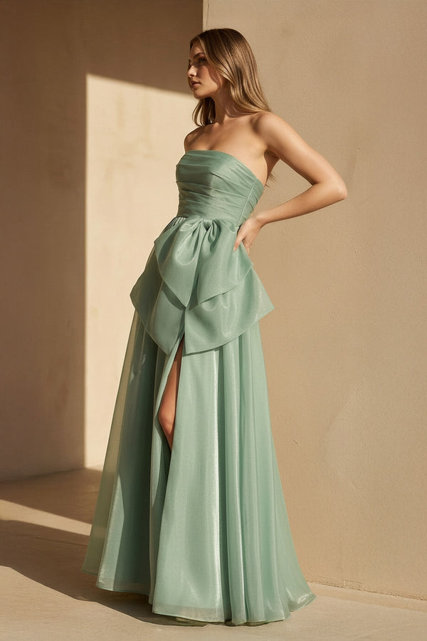 Strapless Organza Gown With Bow in Pale Pistachio - SHE IS ME