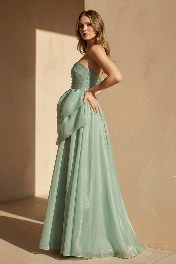 Strapless Organza Gown With Bow in Pale Pistachio - SHE IS ME