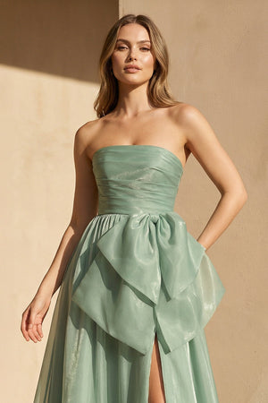 Strapless Organza Gown With Bow in Pale Pistachio - SHE IS ME