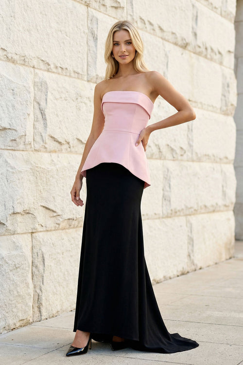 Strapless Peplum Gown in Black and Pink - SHE IS ME