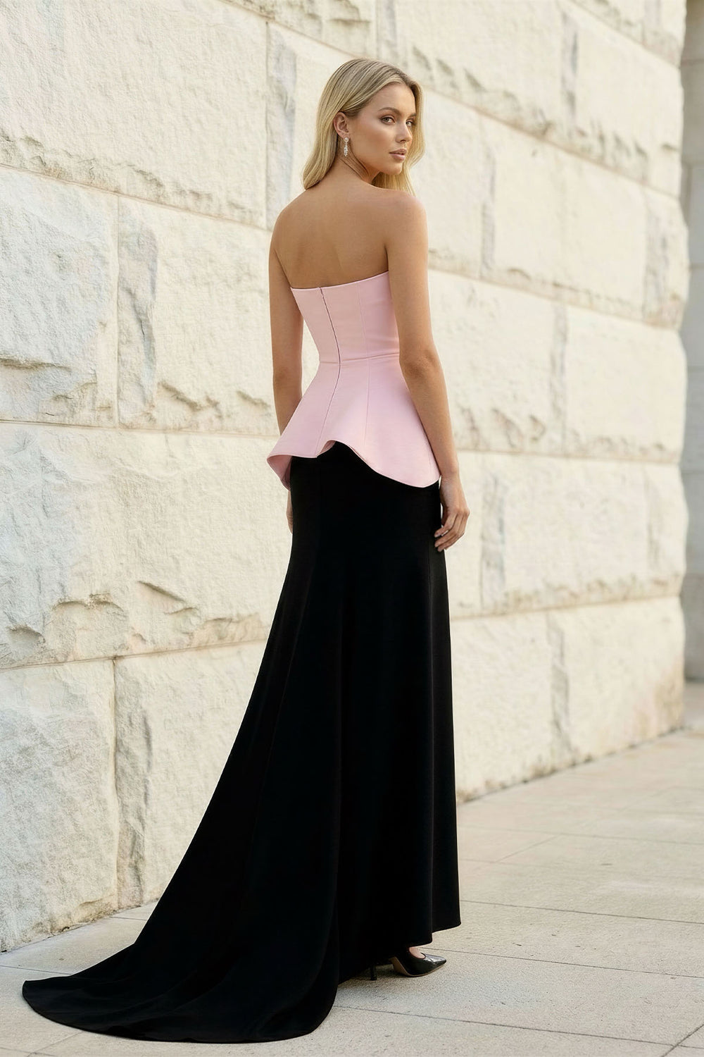 Sheisme-Black Pink Stretch-Crepe Strapless Sheath Maxi Evening Formal Dress
