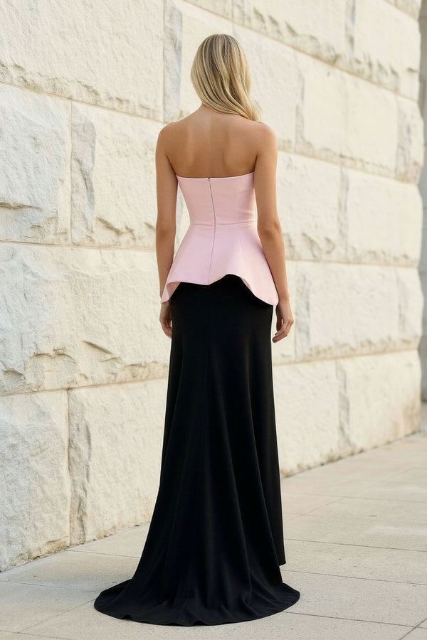Sheisme-Black Pink Stretch-Crepe Strapless Sheath Maxi Evening Formal Dress