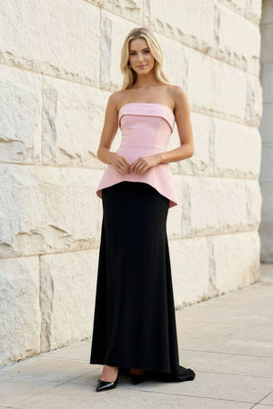 Sheisme-Black Pink Stretch-Crepe Strapless Sheath Maxi Evening Formal Dress