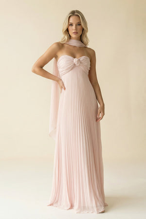 Strapless Pleated A Line Maxi Dress With Scarf in Blush - SHE IS ME PROM DRESSES