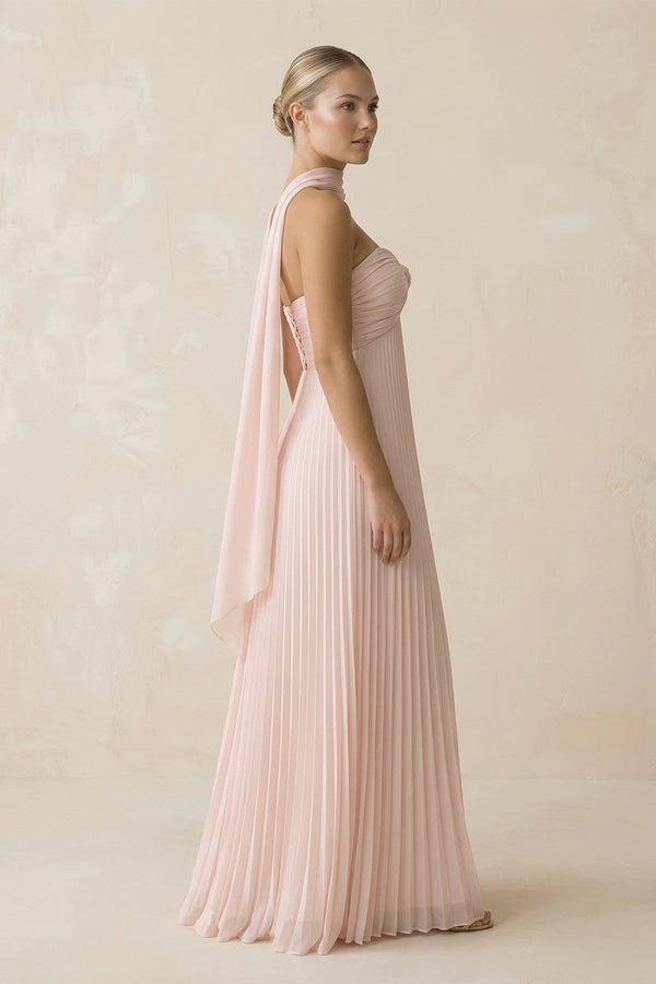 Strapless Pleated A Line Maxi Dress With Scarf in Blush - SHE IS ME PROM DRESSES