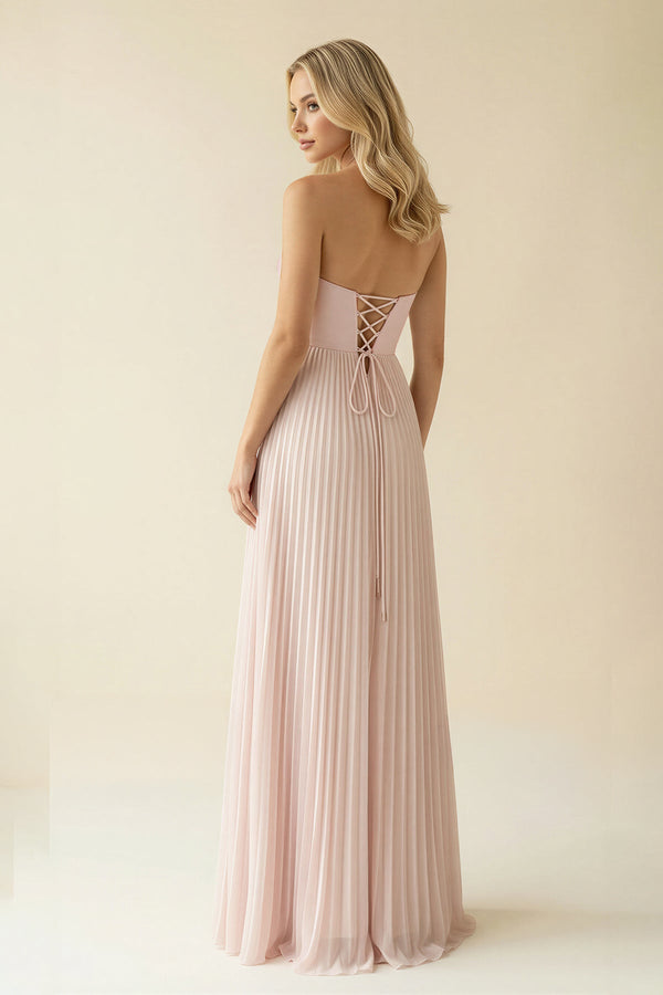Strapless Pleated A Line Maxi Dress With Scarf in Blush - SHE IS ME PROM DRESSES