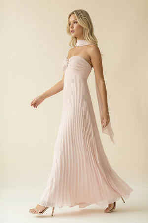 Strapless Pleated A Line Maxi Dress With Scarf in Blush - SHE IS ME PROM DRESSES