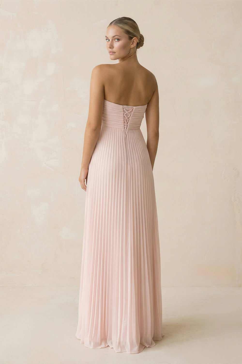 Strapless Pleated A Line Maxi Dress With Scarf in Blush