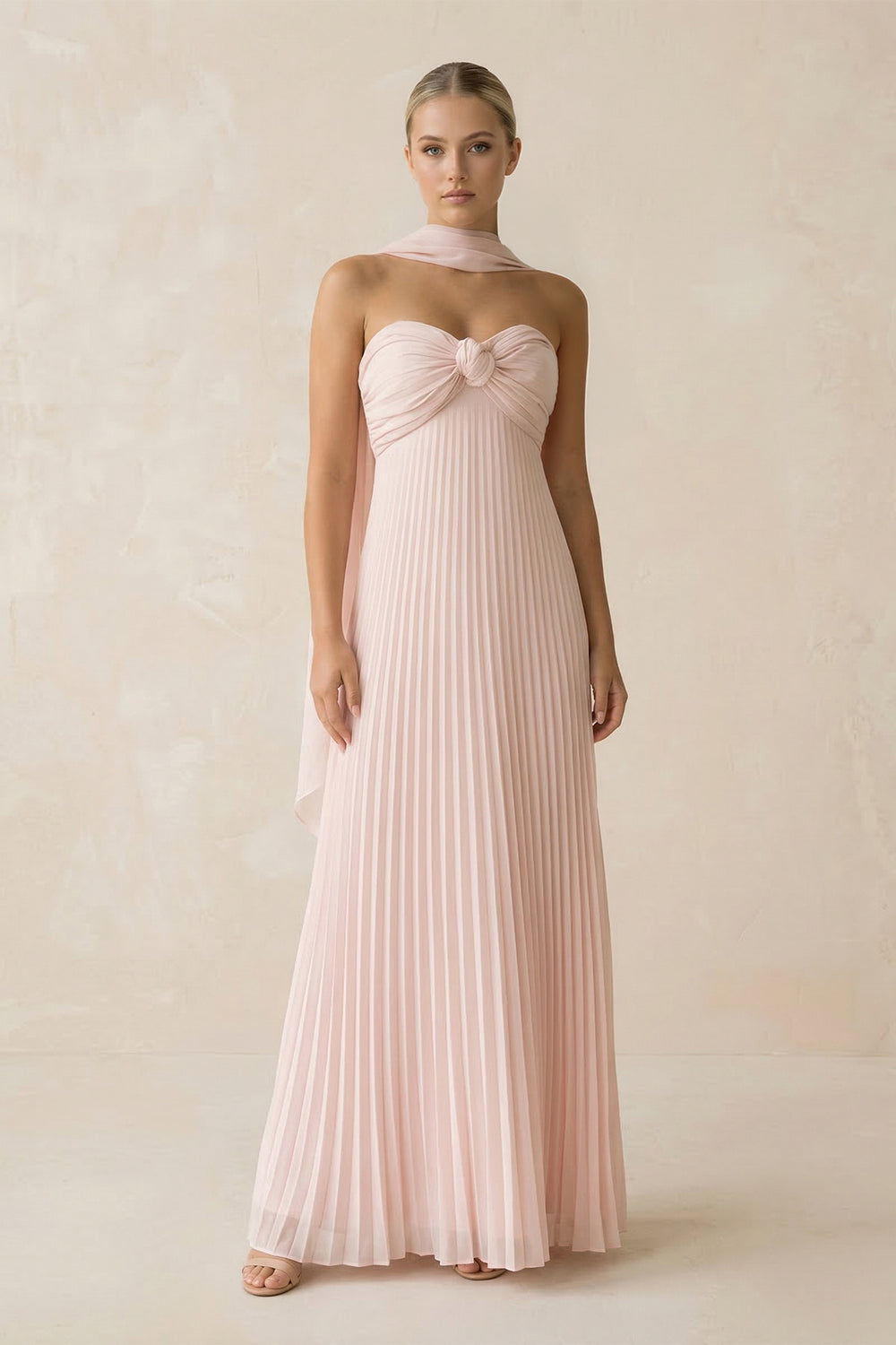 Strapless Pleated A Line Maxi Dress With Scarf in Blush