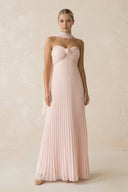 Strapless Pleated A Line Maxi Dress With Scarf in Blush