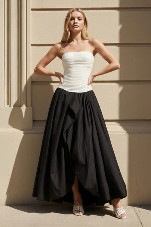 Strapless Pleated Gown in Black and White - SHE IS ME Prom Dresses
