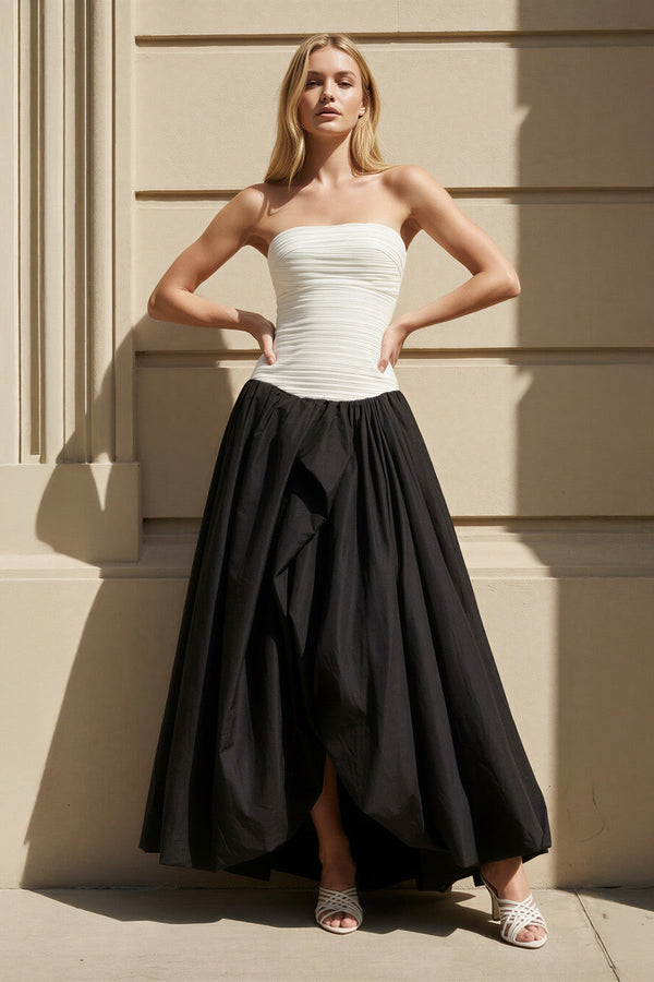 Strapless Pleated Gown in Black and White - SHE IS ME Prom Dresses