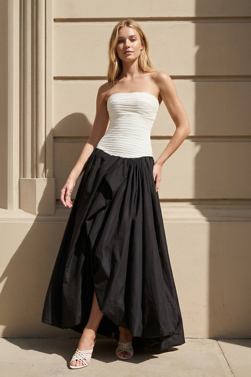 Strapless Pleated Gown in Black and White - SHE IS ME Prom Dresses